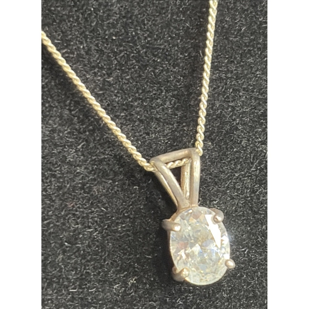 Faceted White Stone Oval Pendant On 16" Sterling Silver Chain Very Pretty